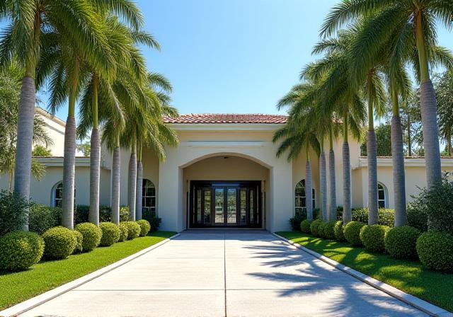 Manicured commercial entrance with elegant Royal Palms