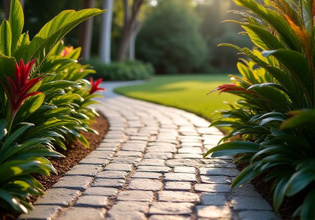 Elegant stone paver walkway surrounded by resilient tropical plants