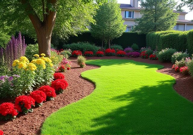 Lush residential backyard with fresh mulch and vibrant flower beds